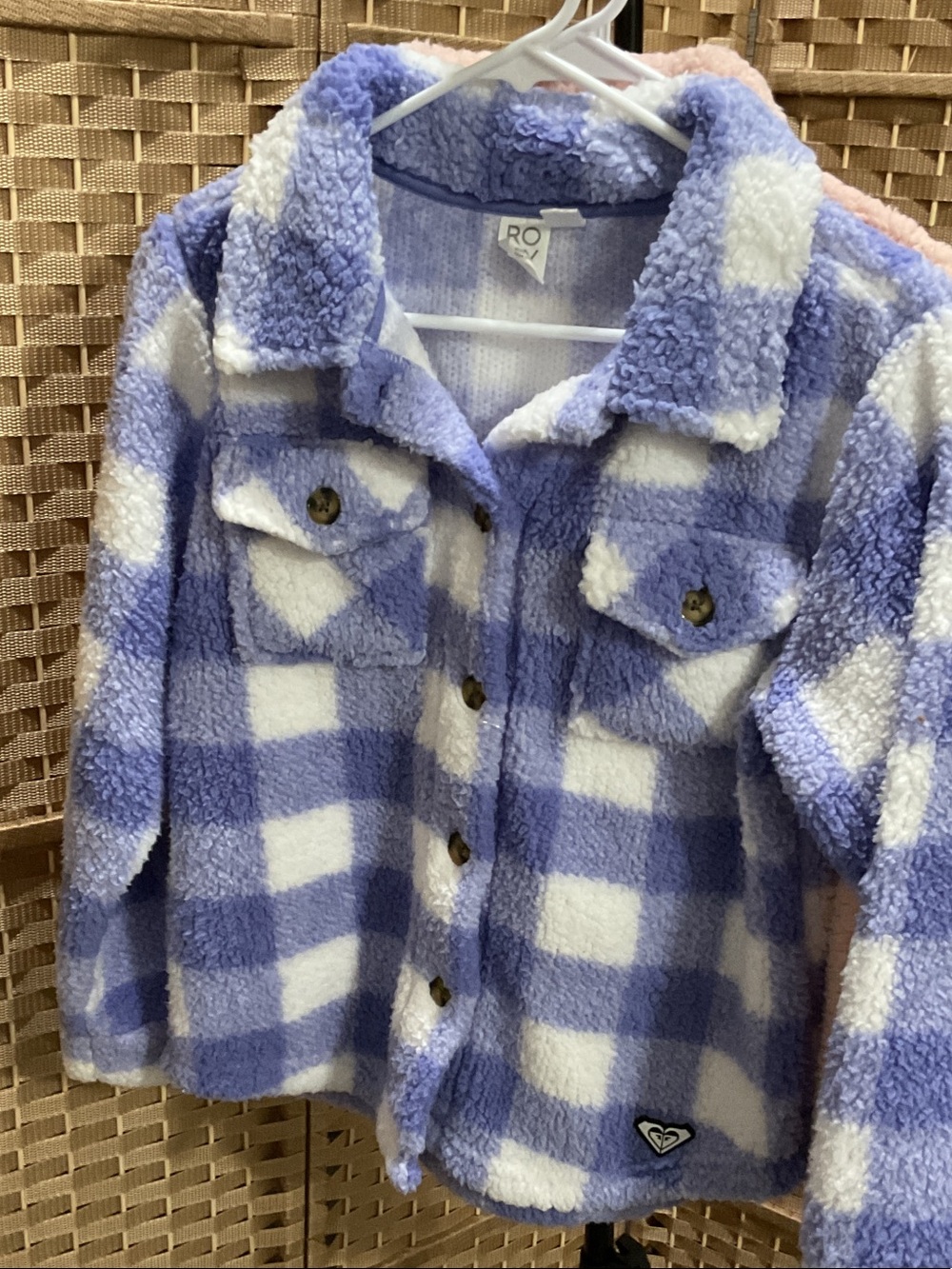 Set of Two Roxy Girls' Sherpa Button-Up Jacket - Pink & Blue Checkered - Picture 3 of 5